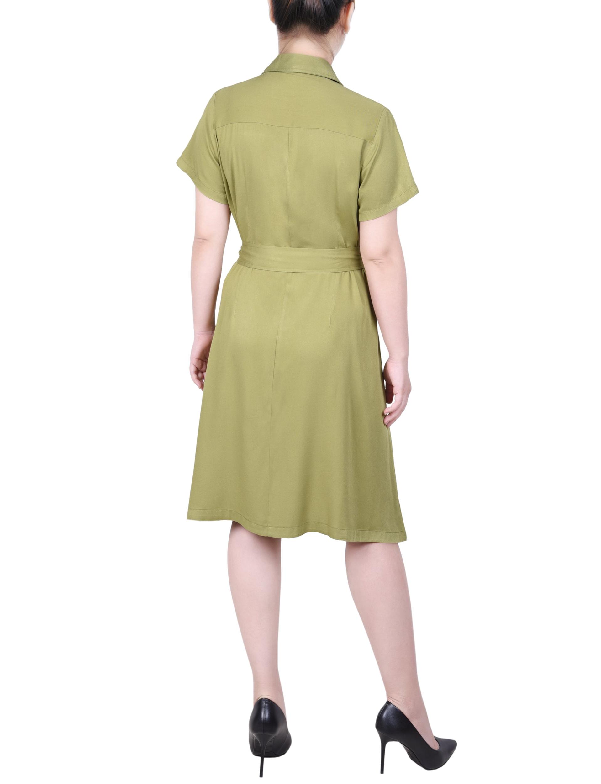 Olive Green Short Sleeve Safari Style Dress Product Image