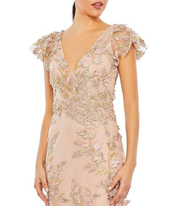 Mac Duggal Beaded Embroidered V-Neck Flutter Sleeve Gown Product Image