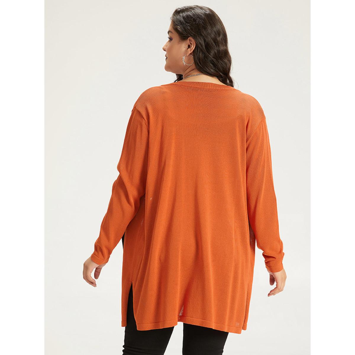 Plus Size Halloween Cat Print Split Side Patched Pocket Cardigan Coral Women Casual Loose Long Sleeve Festival-Halloween Cardigans BloomChic 10/M Product Image