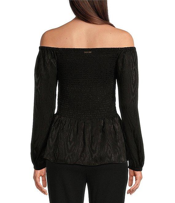 Michael Kors Moire Jacquard Off-The-Shoulder Long Sleeve Smocked Top Product Image