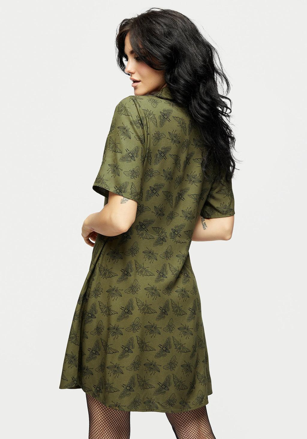 Mortmoth Print Mini Shirt Dress - Green Product Image