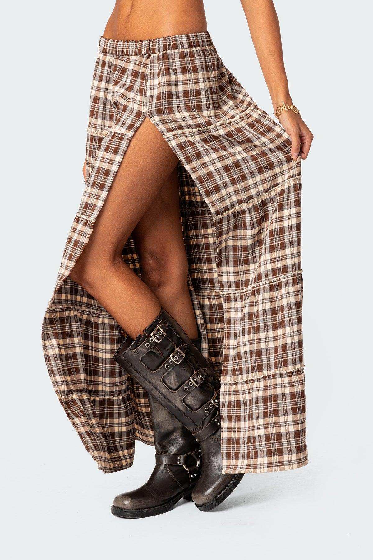 Plaid Side Slit Tiered Maxi Skirt Product Image
