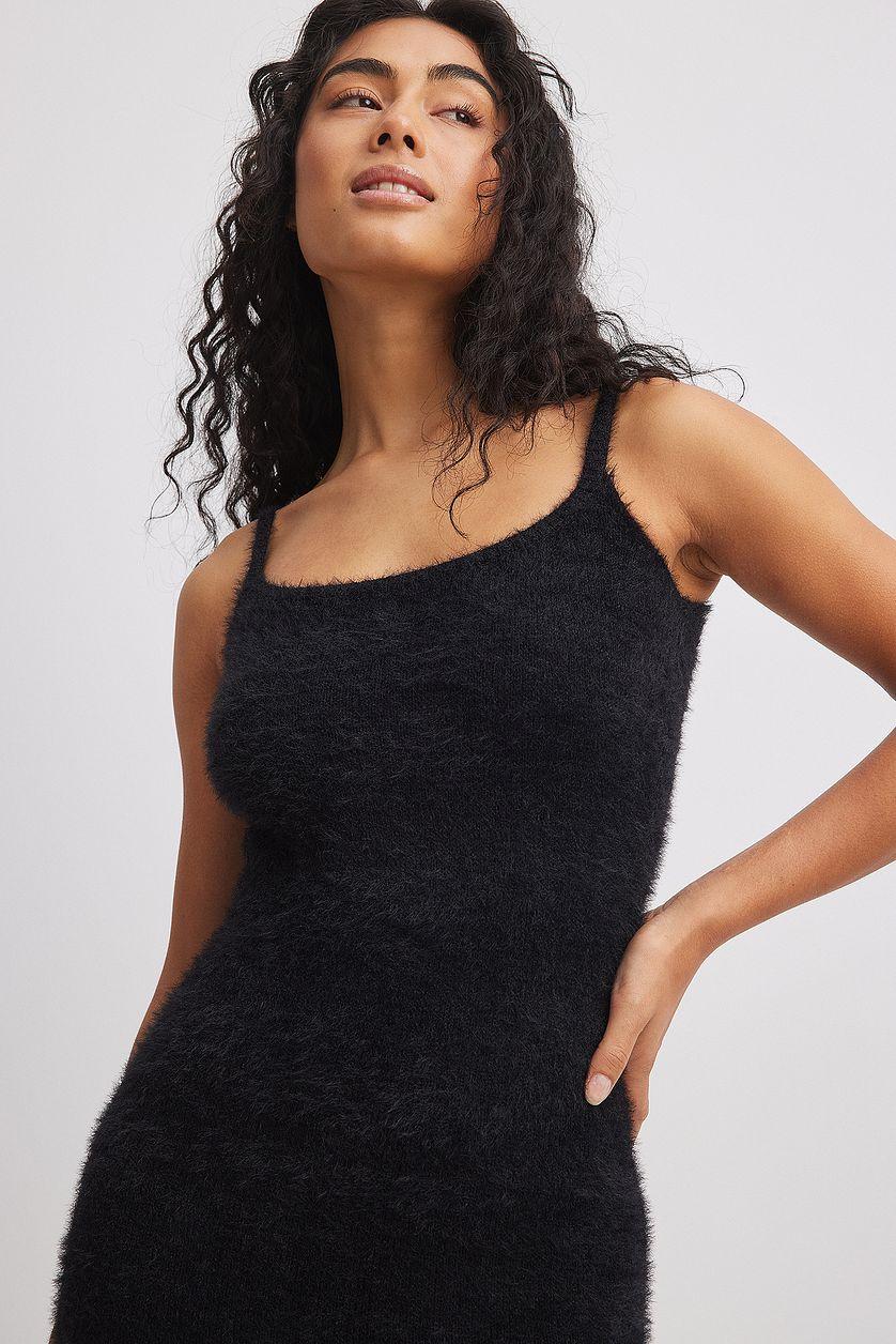 A-Line Fuzzy Knit Midi Dress Black Product Image