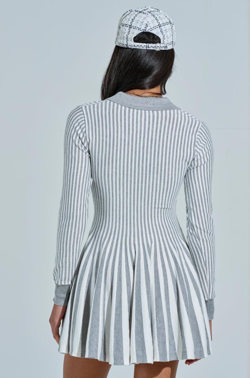 ALINA PLEATED KNIT FIT AND FLARE MINI DRESS WITH LONG SLEEVES IN GREY MULTI Product Image