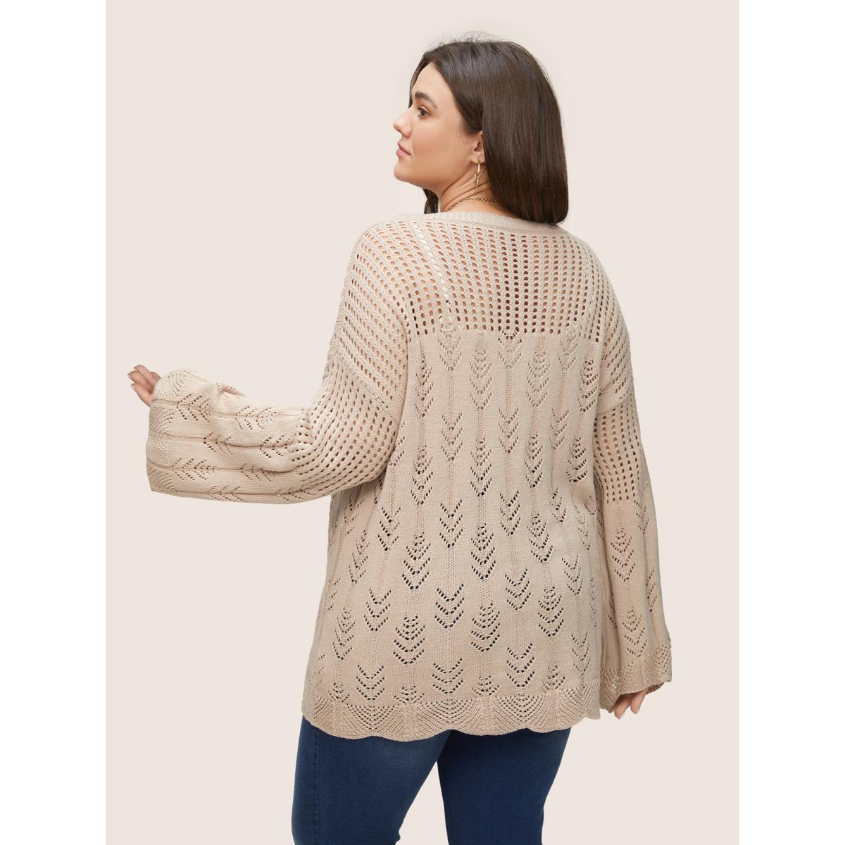 Plus Size Cotton Blended Pointelle Knit Round Neck Pullover Apricot Women Casual Long Sleeve Round Neck Everyday Pullovers BloomChic 30/6X Product Image