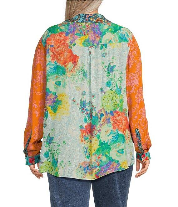 John Mark Plus Size Multi Print Point Collar Long Roll-Tab Sleeve Button Front Top Product Image