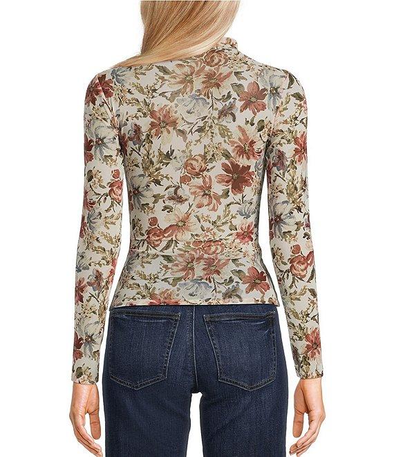 Blu Pepper Floral Printed Mesh Mock Neck Long Sleeve Top Product Image