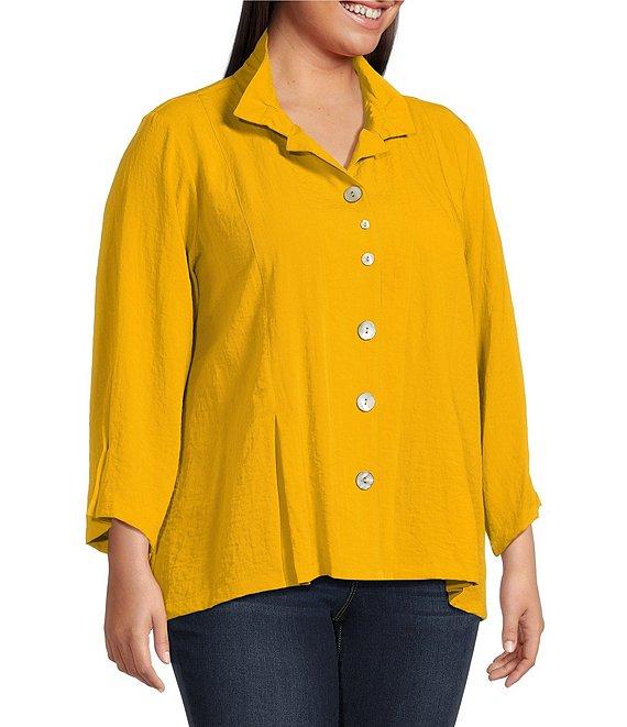 Ali Miles Plus Size Woven Solid Wire Collar 3/4 Sleeve Pleated Hem Button Front Tunic Product Image