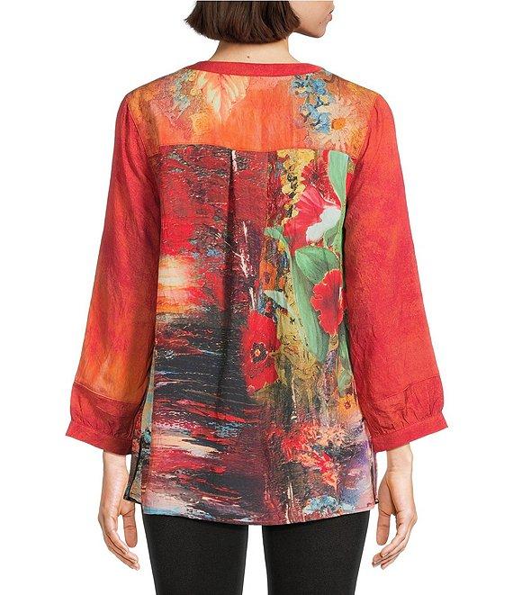 Calessa Petite Size Autumn Patchwork Partial Button-Front Placket Bracelet Sleeve Tunic Product Image