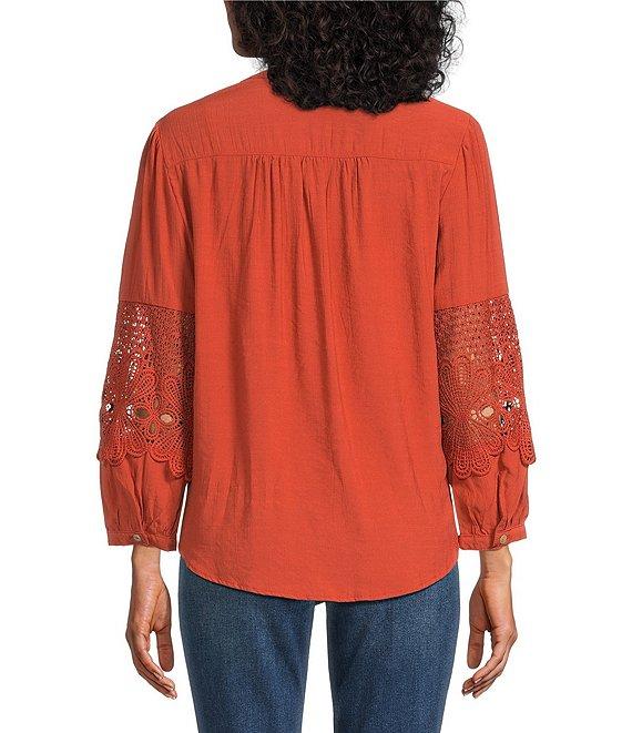 Figueroa & Flower Solid Woven Split V-Neck 3/4 Applique Sleeve Peasant Blouse Product Image
