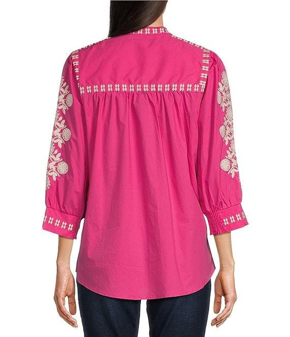 Calessa Embroidered Split V-Neck 3/4 Sleeve Button Front Shirt Product Image