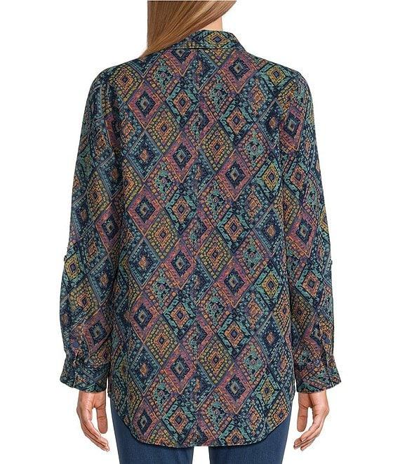 Intro Lyocell Geo Print Collared Long Roll-Tab Sleeve Snap-Front Shirt Product Image