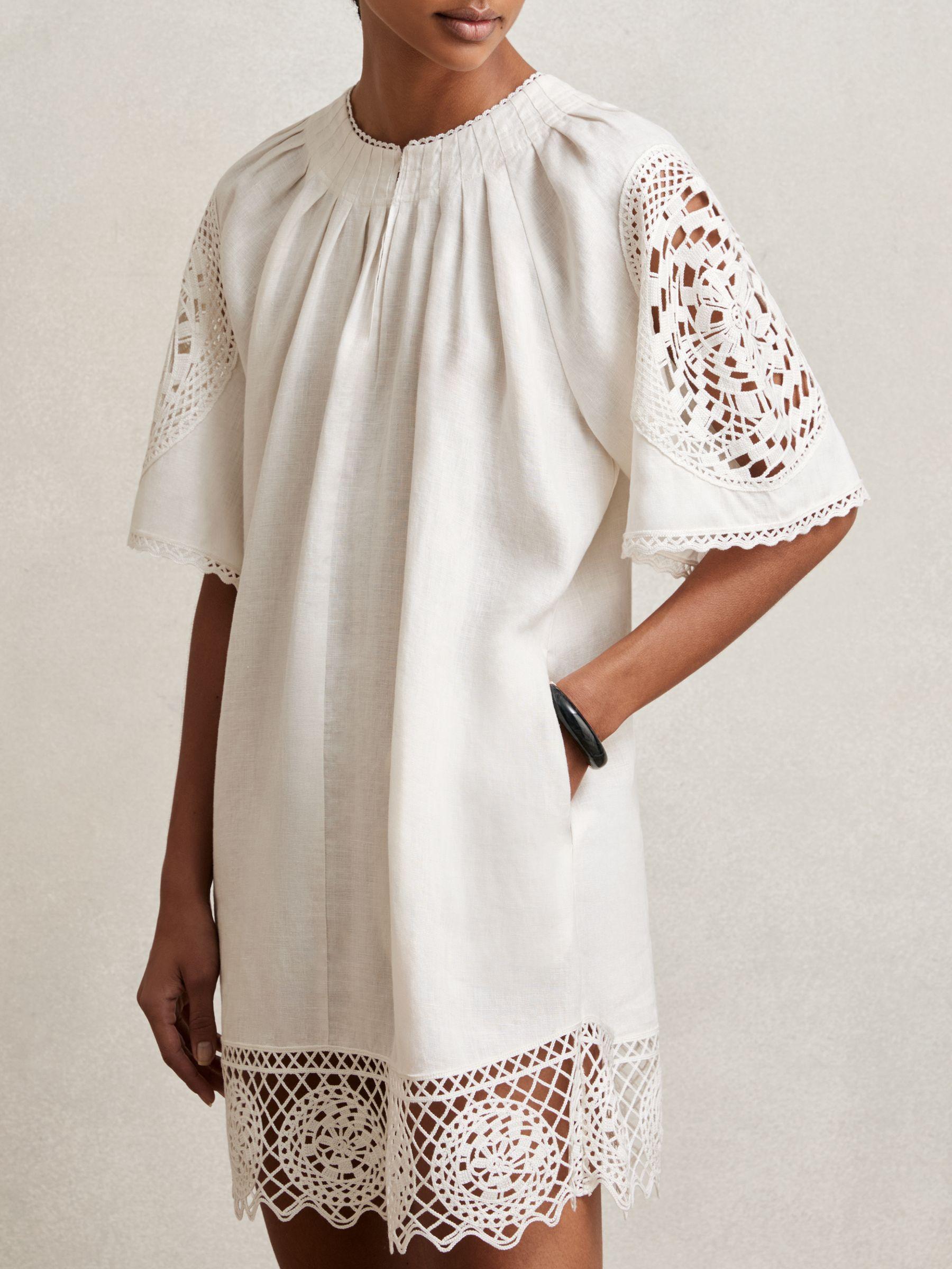 Linen Embroidered Shift Dress in Ivory Product Image