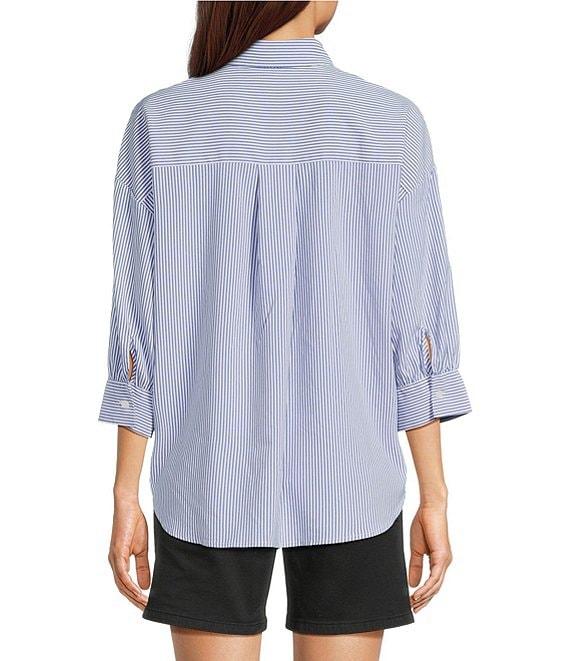 Charlie B. Woven Striped Floral Point Collar 3/4 Sleeve Blouse Product Image
