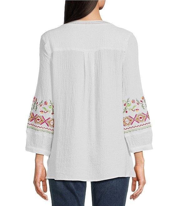 Calessa Petite Size Embroidered Floral Patchwork Split V-Neck 3/4 Sleeve Tunic Product Image