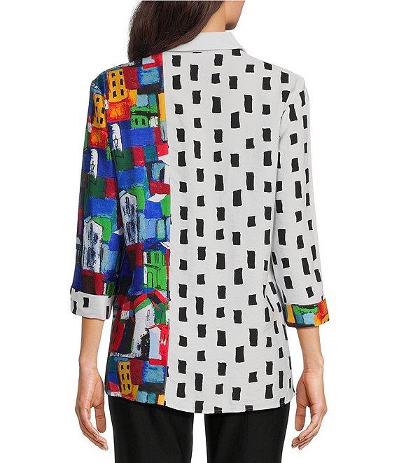 Ali Miles Petite Size Woven City Windowpane Print Point Collar 3/4 Sleeve Button Front Tunic Product Image