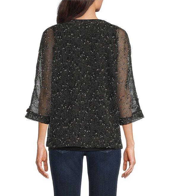 Ali Miles Woven Mesh Speckled V-Neck Elbow Length Sleeve Button Front Jacket Product Image