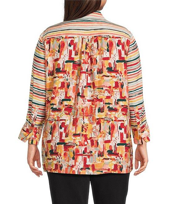 Multiples Plus Size Woven Multi Print Point Collar 3/4 Sleeve Button Front Fitted Shirt Product Image