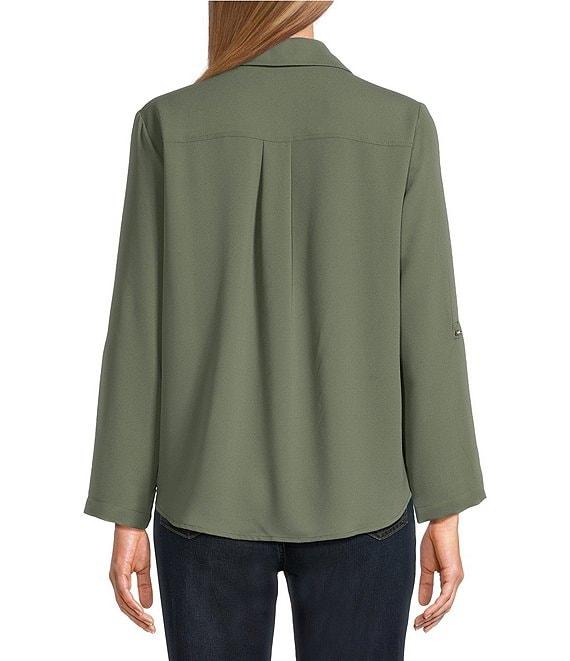 Jones New York Crepe Point Collar Roll Tab Button Front Top Product Image