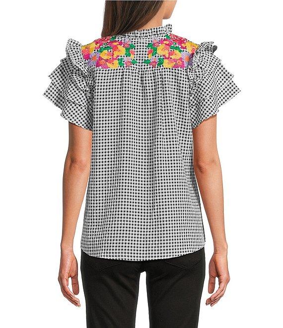 Calessa Embroidered Printed Split V-Neck Short Sleeve Ruffle Tunic Product Image