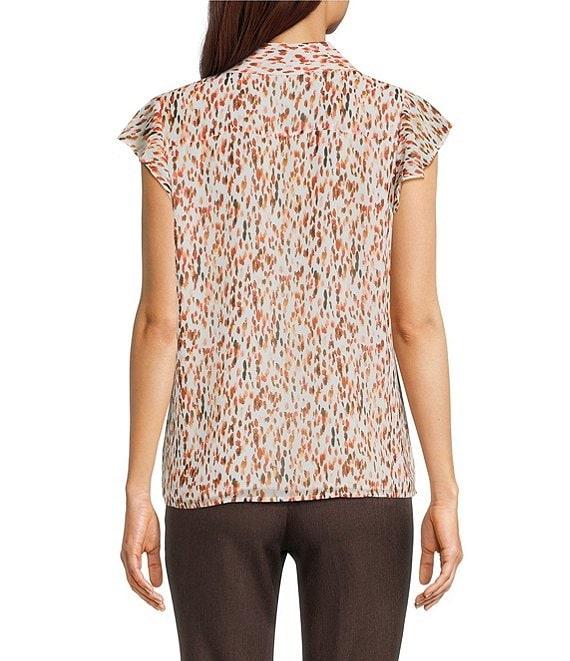 Calvin Klein Printed Chiffon Point Collar Cap Sleeve Ruffle Button Front Blouse Product Image
