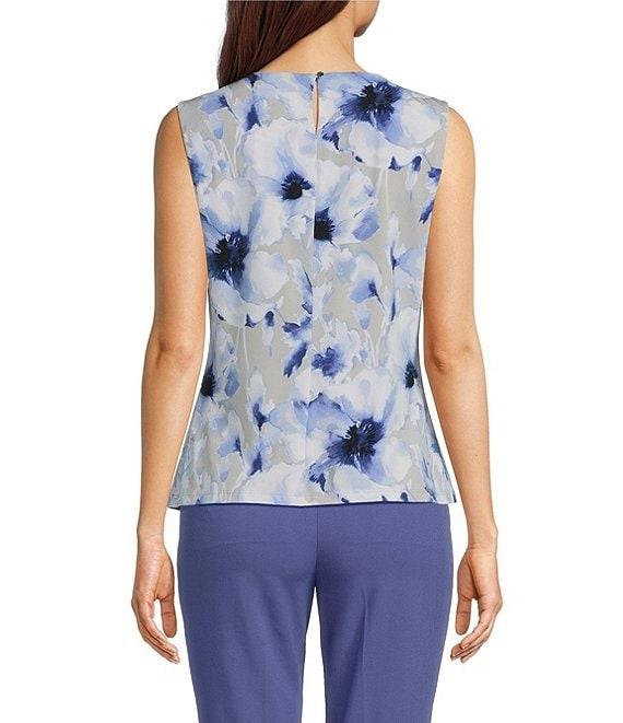Calvin Klein Printed Matte Jersey Pleated Crew Neck Sleeveless Blouse Product Image