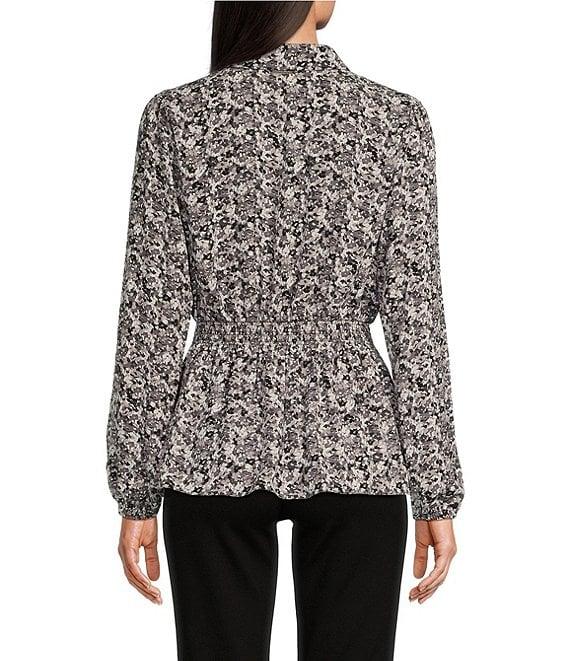 Michael Kors Printed Matte Satin Long Sleeve Collared Button Front Peplum Shirt Product Image