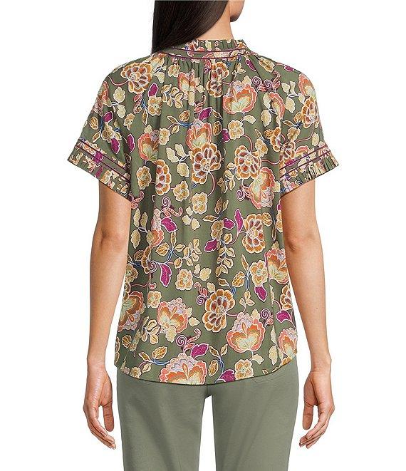 Democracy Petite Size Floral Pleated Split V-Neck Short Sleeve Button Front Top Product Image