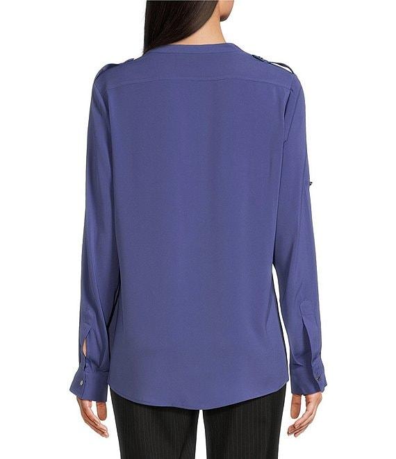 Calvin Klein Crepe De Chine Crew Neck Roll-Up Sleeve Button Front Blouse Product Image