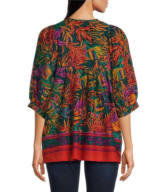 J.Marie Asher Woven Floral Printed Tie Split V-Neck 3/4#double; Puff Sleeve Tunic Product Image
