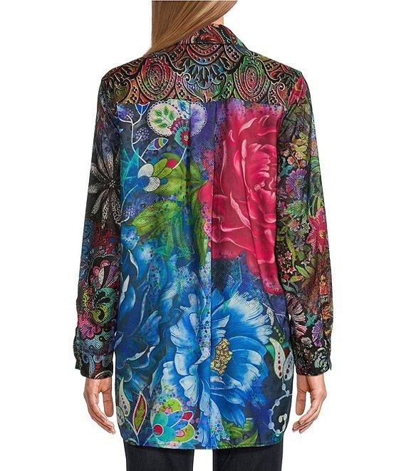 John Mark Mixed Print Satin Point Collar Long Roll-Tab Sleeve Button Front Blouse Product Image