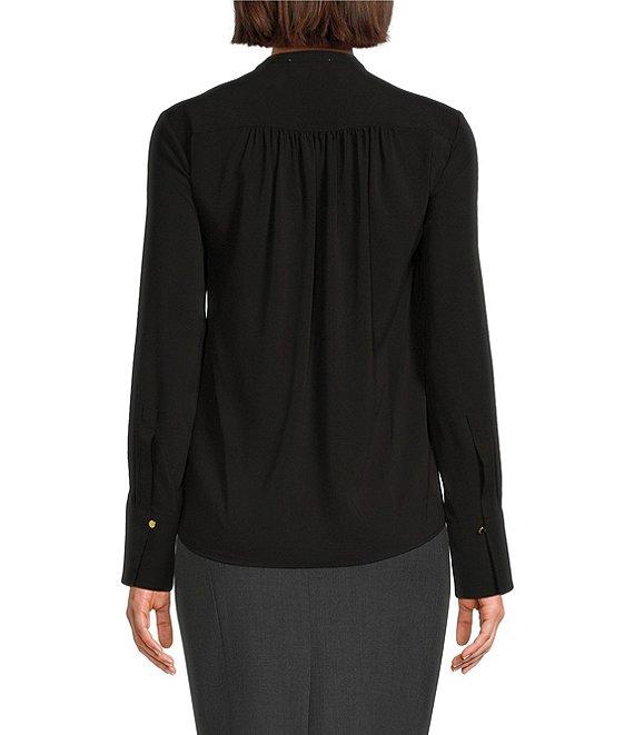 Calvin Klein Solid Crepe de Chine Split V-Neck Long Sleeve Blouse Product Image