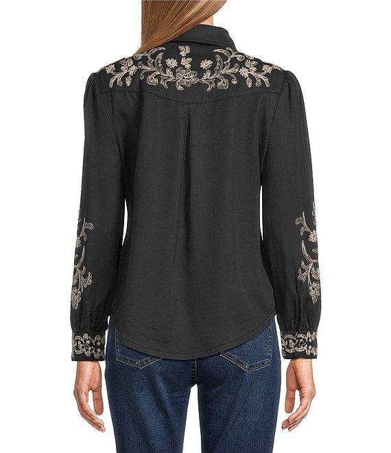 Reba Prescott Woven Point Collar Long Sleeve Embroidered Peasant Shirt Product Image