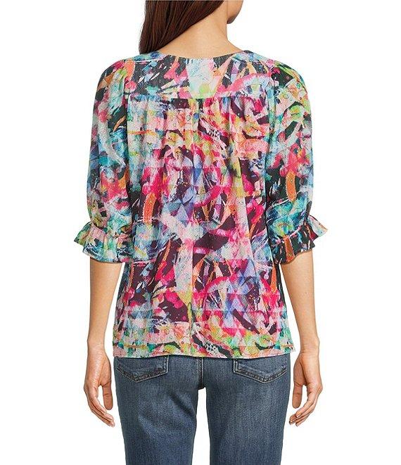 Calessa Mesh Knit Abstract Floral Square Neck Elbow Sleeve Tunic Product Image