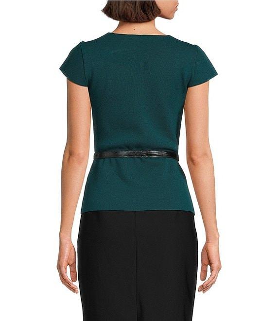 Donna Karan Asymmetric Neck Short Sleeve Belted Knit Top Product Image