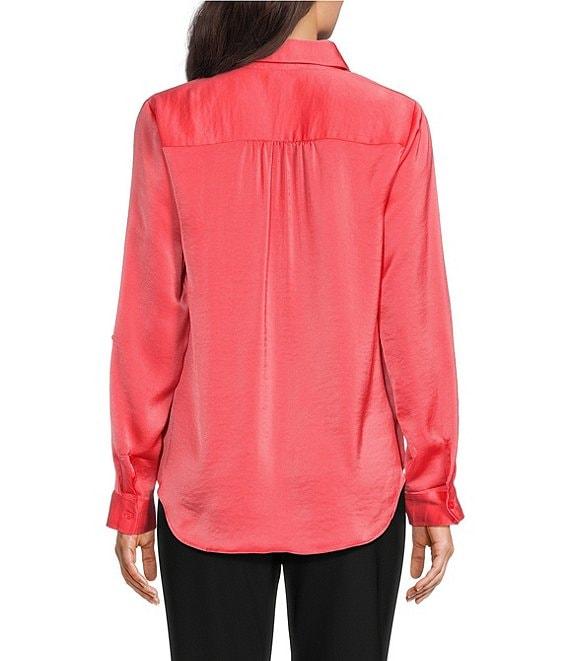 DKNY By Donna Karan Sueded Satin Point Collar Roll-Tab Long Sleeve Button-Front Shirt Product Image