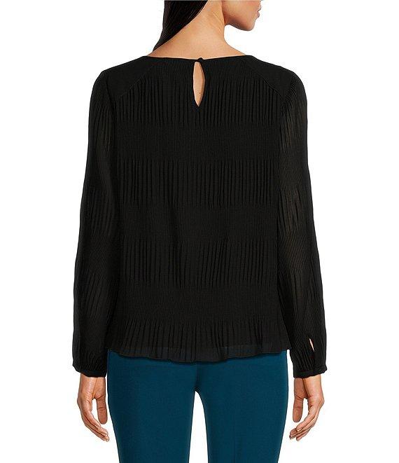 Calvin Klein Solid Chiffon Accordion Pleat Crew Neck Long Sleeve Top Product Image