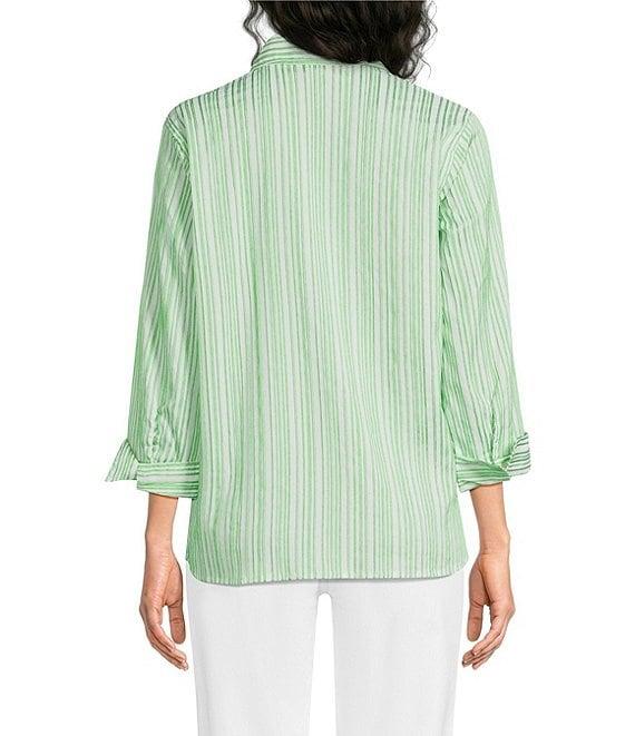 Ali Miles Woven Yarn-Dyed Stripe Wire Collar 3/4 Sleeve Button Front Placket Shirt Product Image