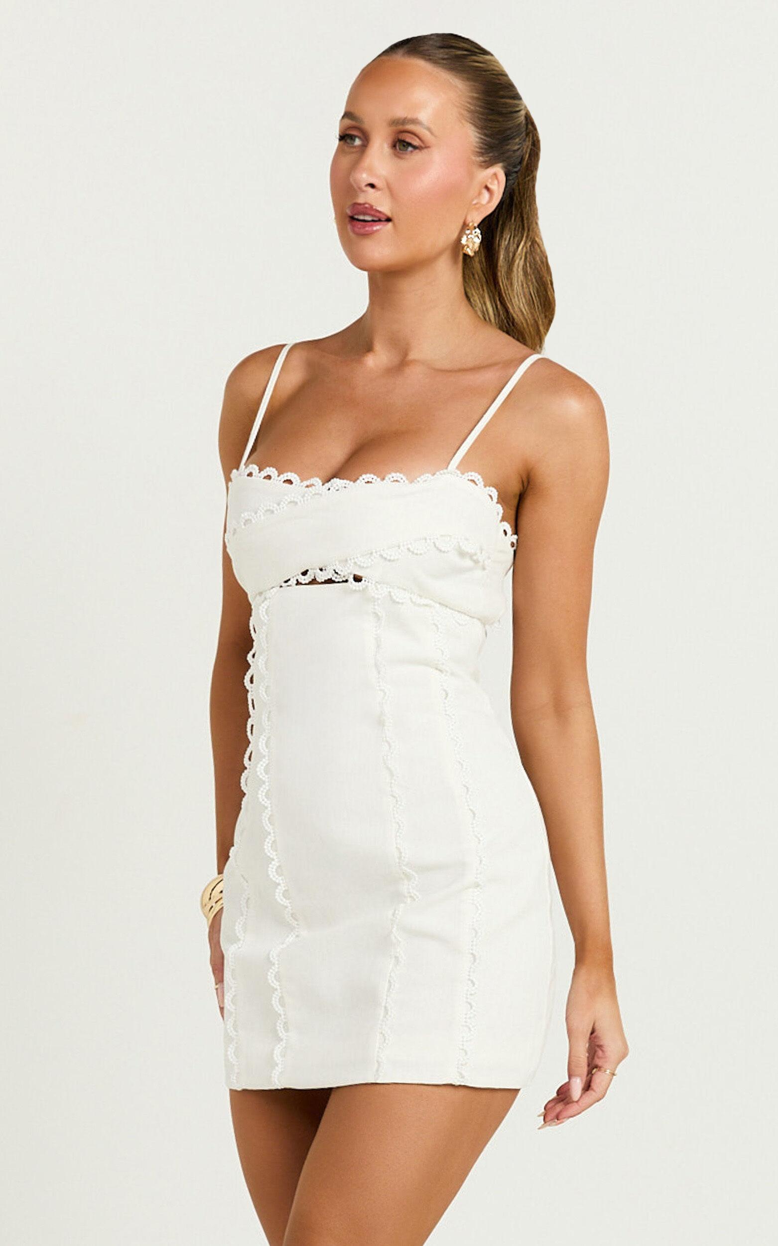 Gigi Mini Linen Blend Dress - Sweetheart Tie Back Scallop Detail Dress in Off White Product Image