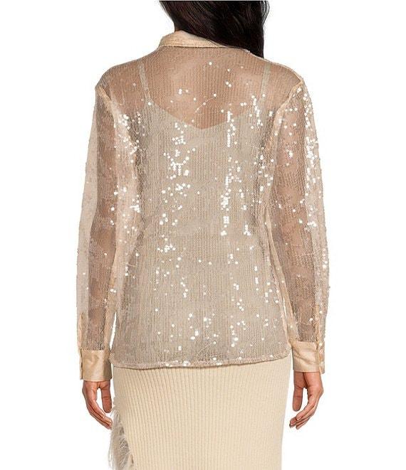 Skies Are Blue Sheer Sequin Point Collar Neck Long Sleeve Button Front Top Product Image