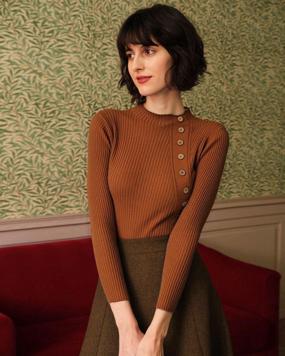 Caramel Mock Neck Ribbed Knit Tee Product Image