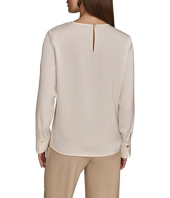 Donna Karan Satin Gold Hardware Keyhole V-Neck Long Sleeve Top Product Image