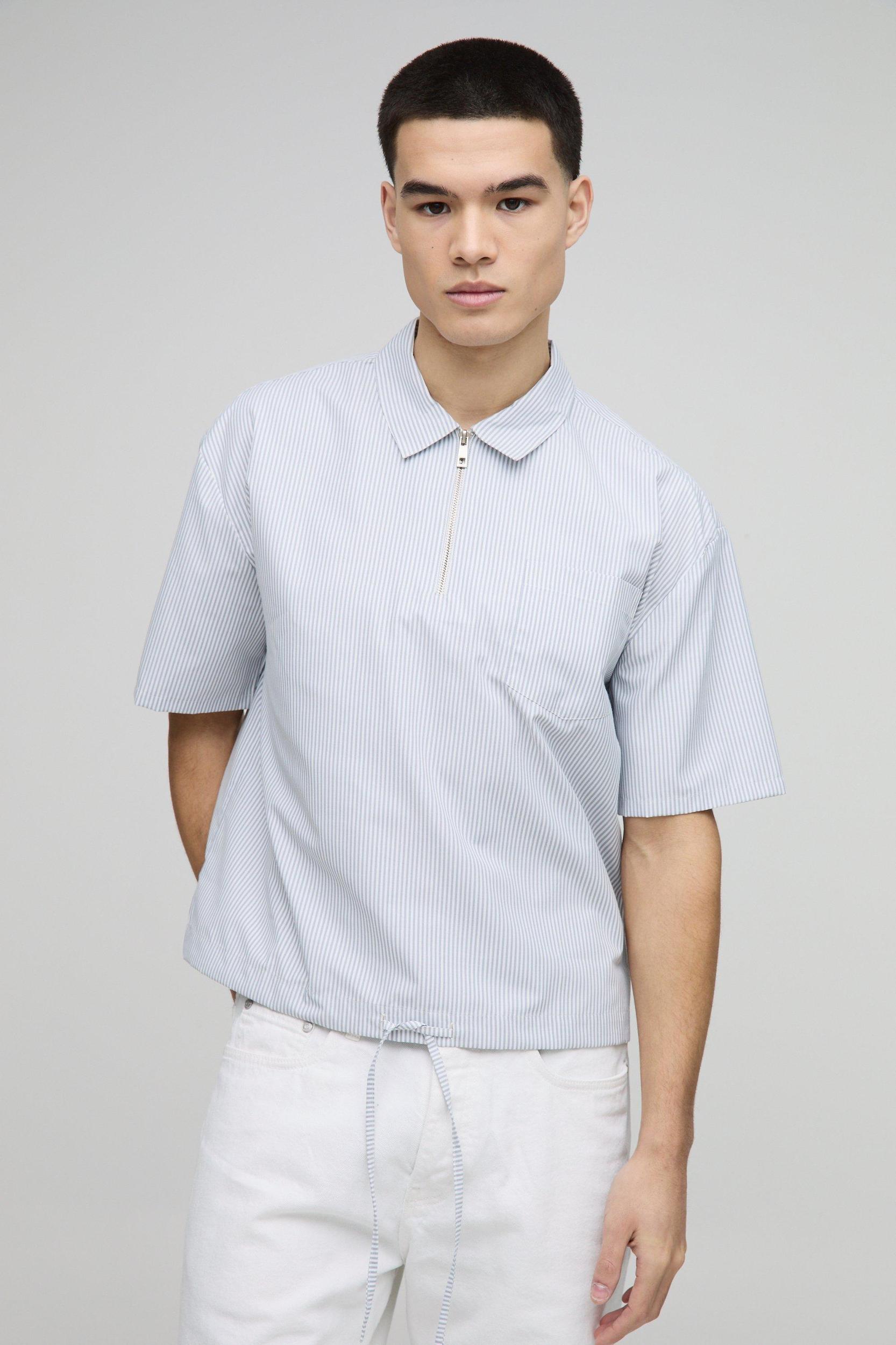 Oversized Pocket Detail Bungee Hem Stripe Shirt | boohooMAN USA Product Image