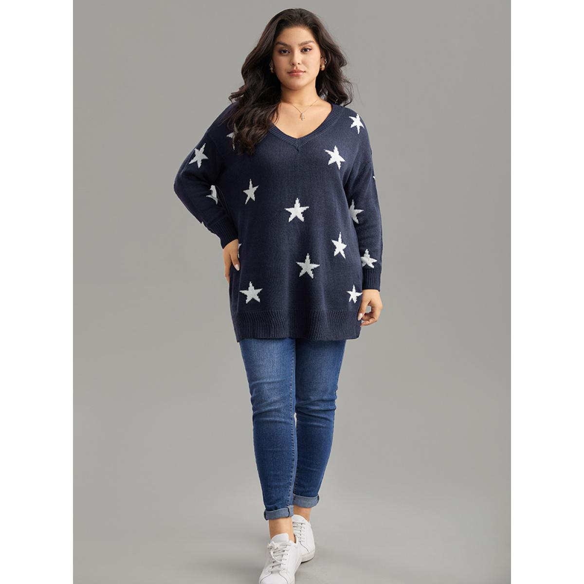 Plus Size Star Print Drop Shoulder Cardigan Indigo Women Casual Loose Long Sleeve V-neck Dailywear Pullovers BloomChic 28/5X Product Image