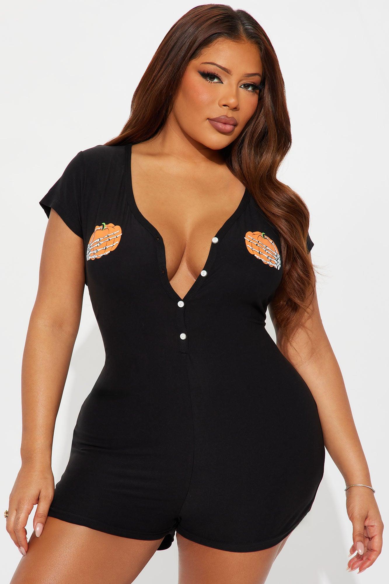 Grab My Pumpkins Halloween PJ Romper Onesie - Black Female Product Image