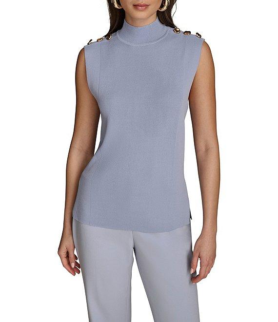 Donna Karan Yarn Knit Button Mock Neck Sleeveless Top Product Image