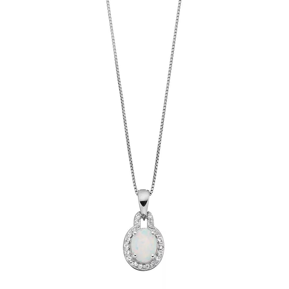 Gemminded Sterling Silver Lab-Created Opal & White Topaz Oval Halo Pendant Necklace, Women's,  Product Image