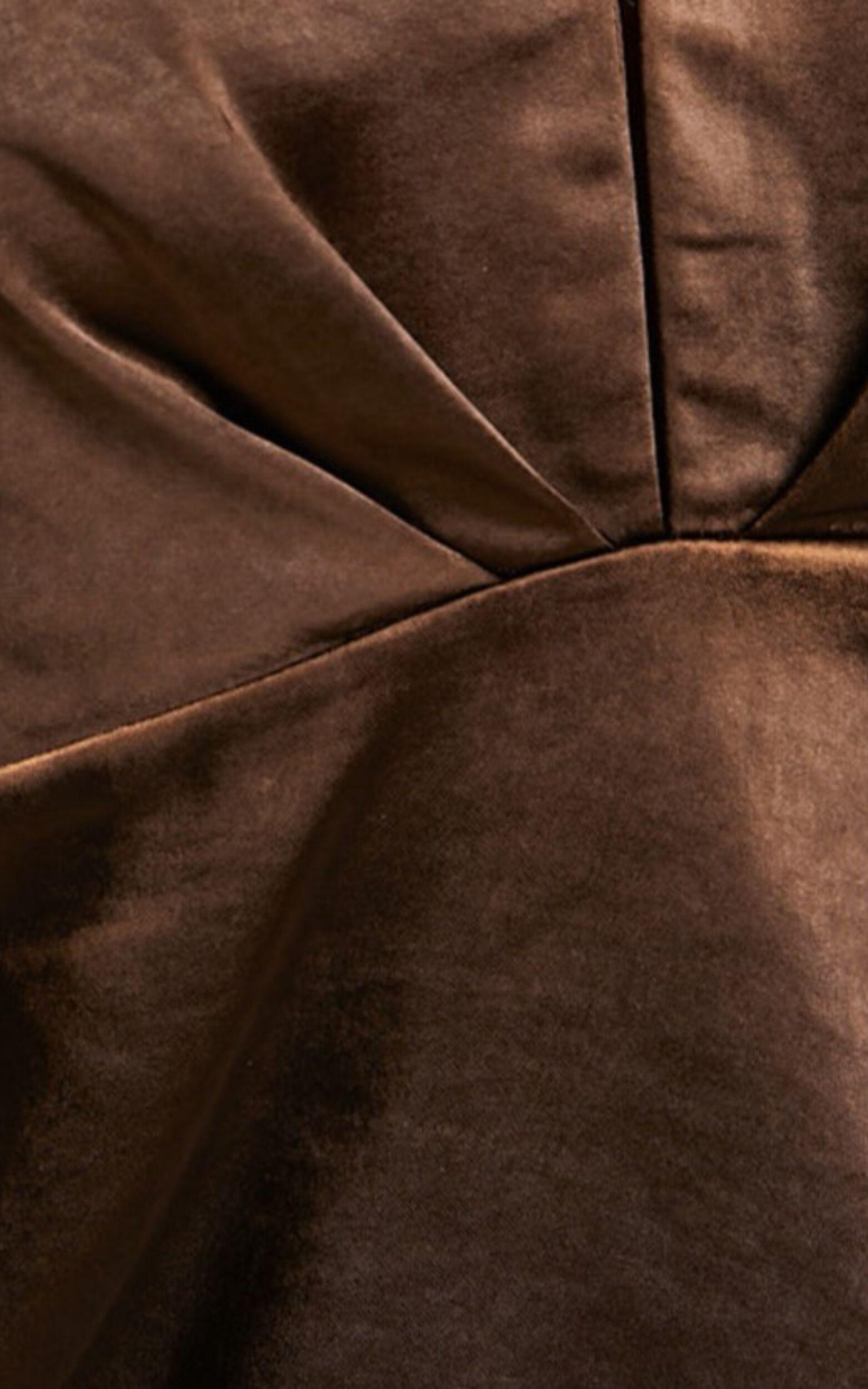 Dreanna Mini Dress - Plunge Tie Halter Neck Low Back Satin Dress in Chocolate Product Image