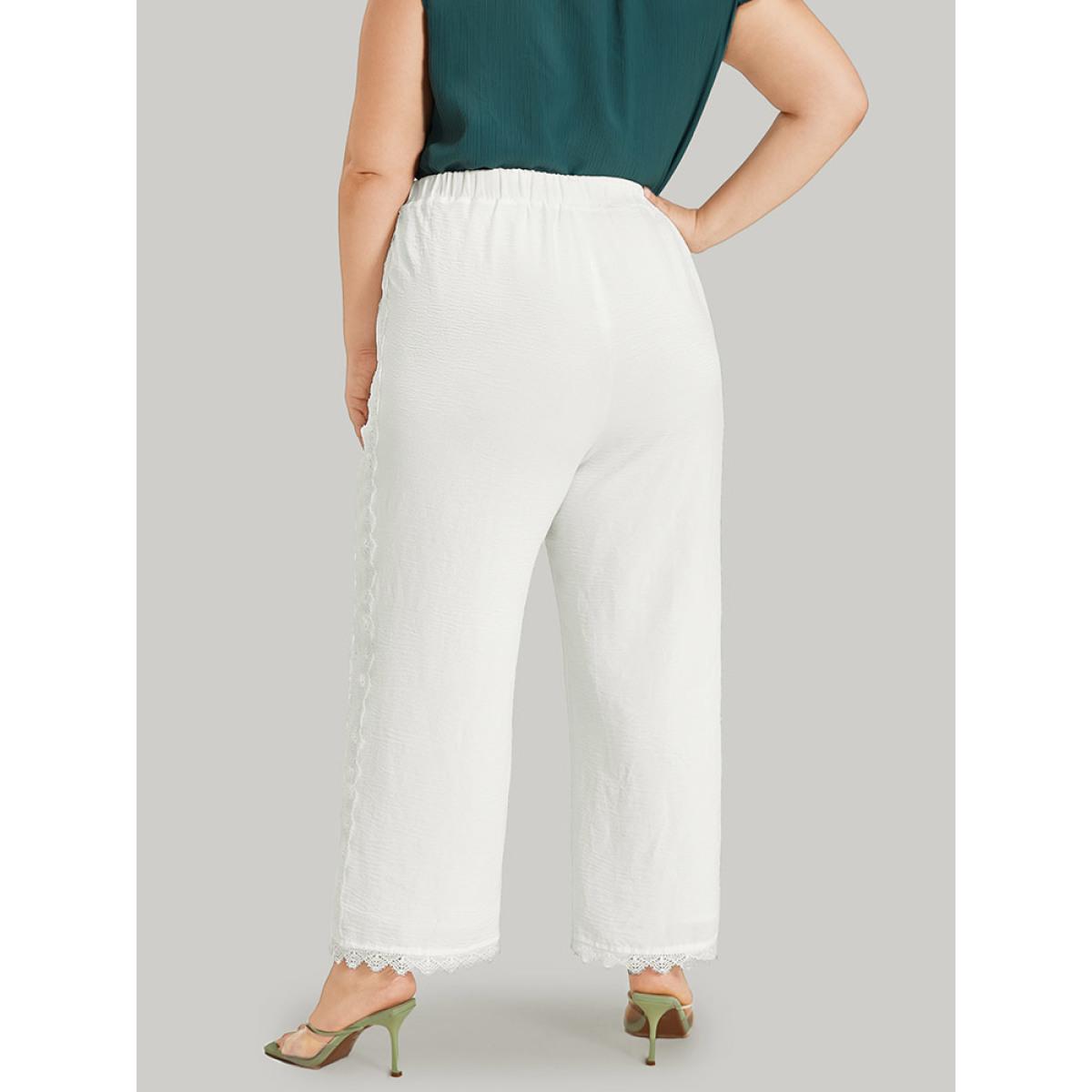 Plus Size Solid Pocket Lace Patchwork Elastic Waist Pants Women White Elegant Straight Leg High Rise Dailywear Pants BloomChic 14-16/1X Product Image