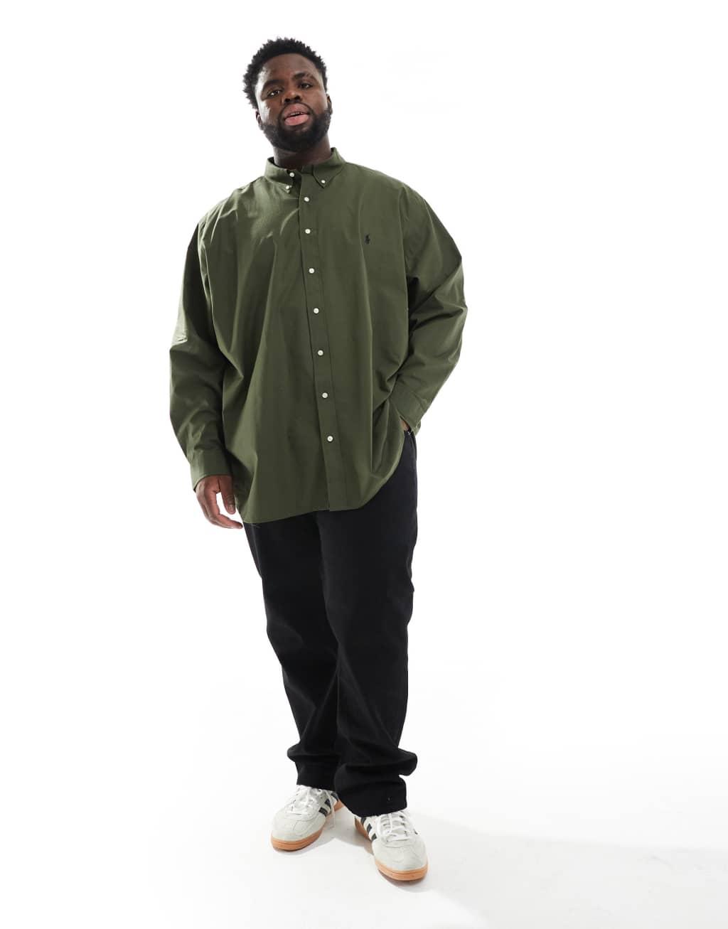 Polo Ralph Lauren Big & Tall icon logo stretch poplin shirt in dark green Product Image